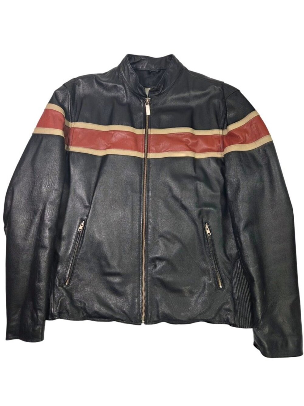 VTG Wilsons Leather Mens Cafe Style Striped Racer Orange Black Biker Jacket Sz L